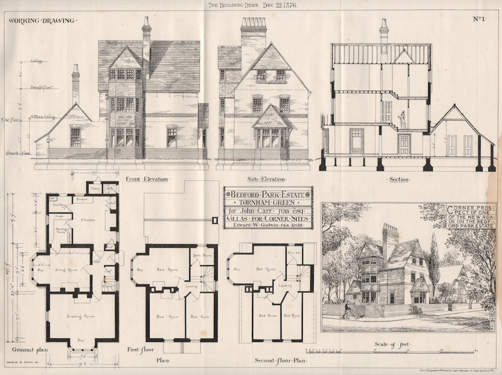 Bedford Park Estate, Turnham Green. Edward W. Godwin Architect 1876 old print